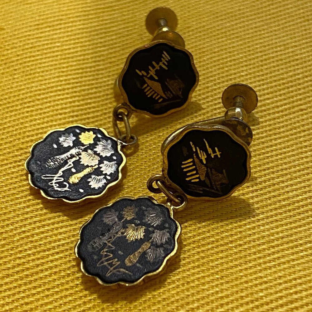 Vintage Skewback Amita Damascene (Shakudo) Earrings, Made in Japan